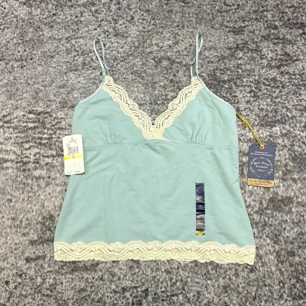 NWT Ralph Lauren Polo Jeans Cami Tank Top Size Medium Blue White Lace Trim Y2K